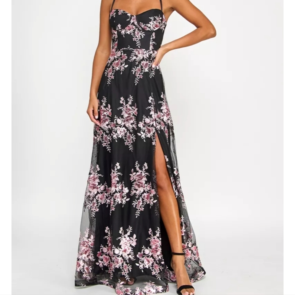 Violet Weekend Black and Pink Floral Maxi Dress